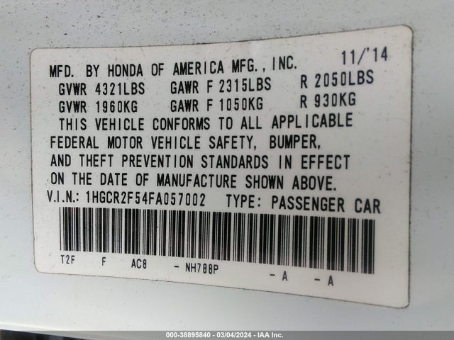 Honda Accord Sport 2015 1HGCR2F54FA057002 Image 9