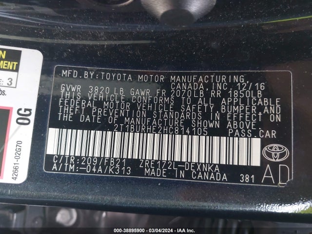 Toyota COROLLA LE 2017 2T1BURHE2HC814105 Image 9