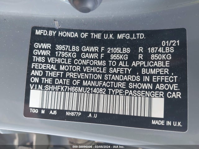 Honda CIVIC EX 2021 SHHFK7H66MU214082 Image 9