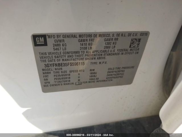 3GYFNBE35FS596115 Cadillac Srx Luxury Collection
