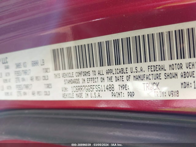RAM 1500 Slt 2015 1C6RR7GG5FS511488 Image 9