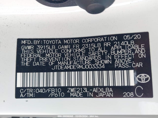 Toyota Corolla Hybrid Le 2021 JTDEAMDE9MJ003334 Image 9