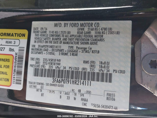 Ford FUSION SE 2017 3FA6P0T91HR214111 Image 9