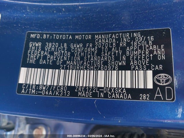 Toyota COROLLA SE 2017 2T1BURHE5HC760976 Image 9