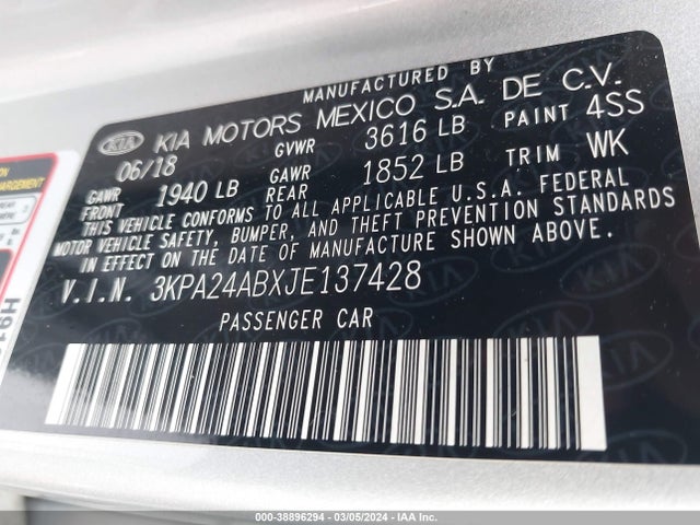 KIA RIO LX 2018 3KPA24ABXJE137428 Image 9