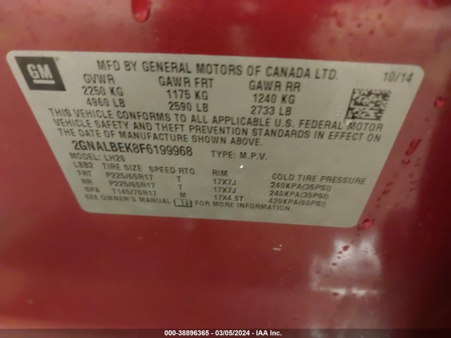 Chevrolet EQUINOX 1LT 2015 2GNALBEK8F6199968 Image 9