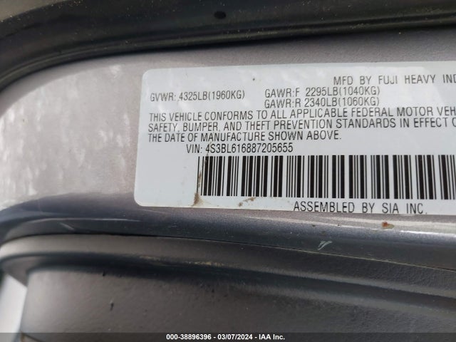2008 SUBARU LEGACY 2.5I VIN: 4S3BL616887205655