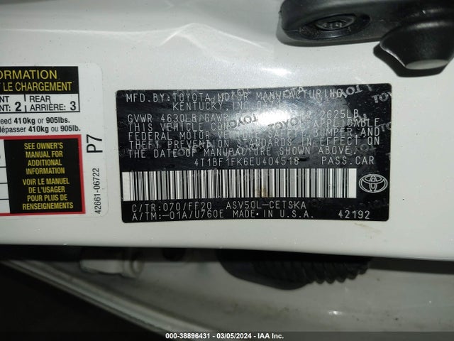2014 TOYOTA CAMRY SE VIN: 4T1BF1FK6EU404518