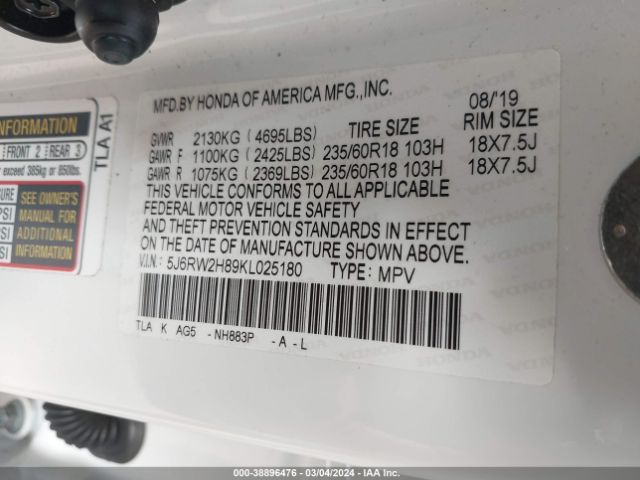 5J6RW2H89KL025180 Honda Cr-v Ex-l