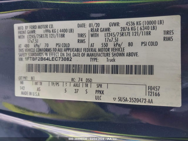 Ford F-250 Xl 2020 1FTBF2B64LEC73082 Image 9