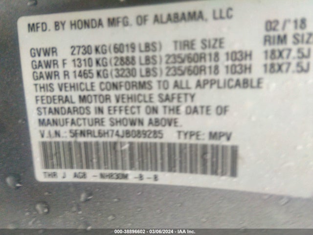 Honda Odyssey Ex-l 2018 5FNRL6H74JB089285 Image 9