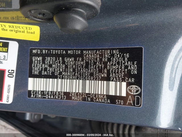 Toyota COROLLA LE 2016 2T1BURHE2GC668237 Image 9