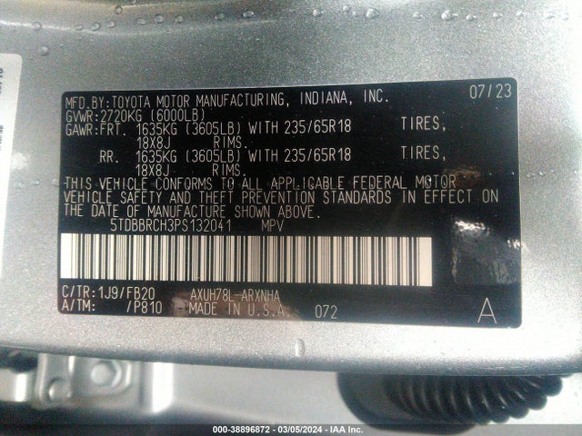 Toyota Highlander Hybrid Le 2023 5TDBBRCH3PS132041 Image 9