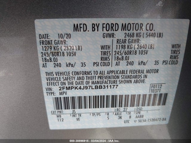 Ford EDGE SEL 2020 2FMPK4J97LBB31177 Image 9