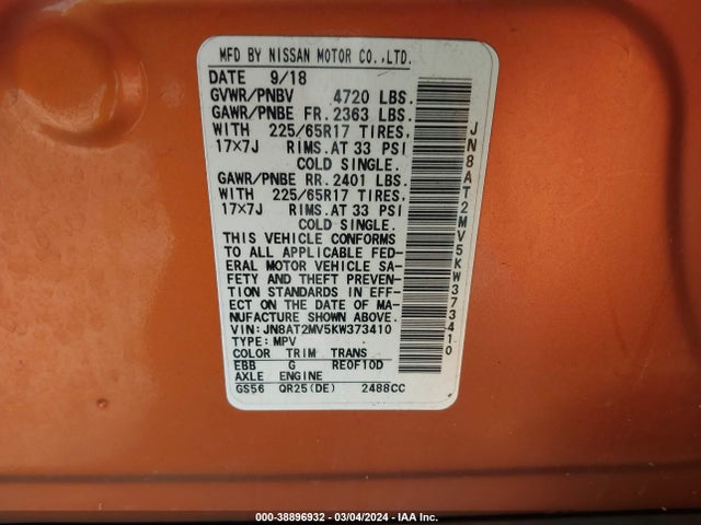 Nissan ROGUE SV 2019 JN8AT2MV5KW373410 Image 9