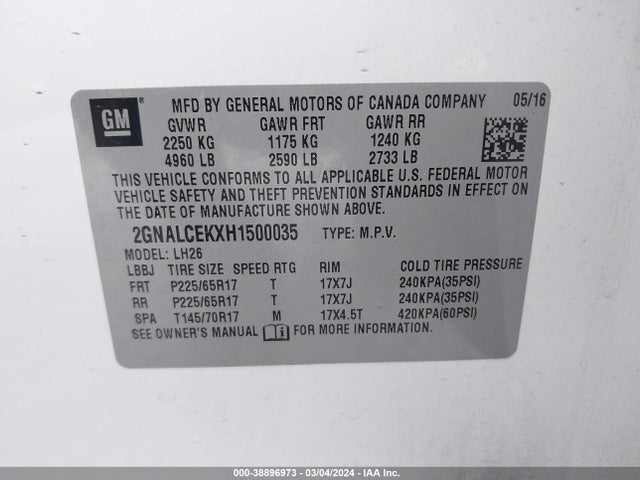 Chevrolet EQUINOX LT 2017 2GNALCEKXH1500035 Image 9