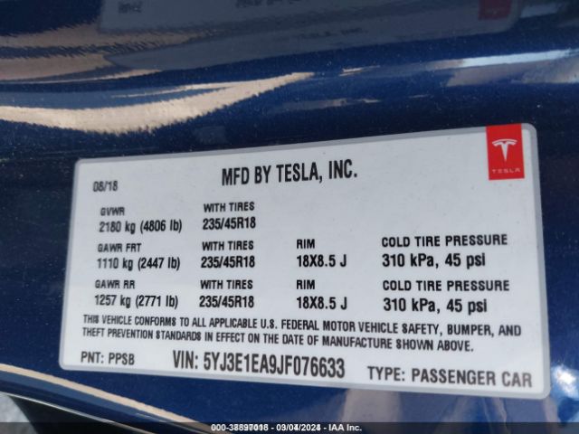 5YJ3E1EA9JF076633 Tesla Model 3 Long Range/mid Range