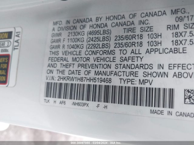 2HKRW1H87HH519468 Honda Cr-v Ex-l/ex-l Navi