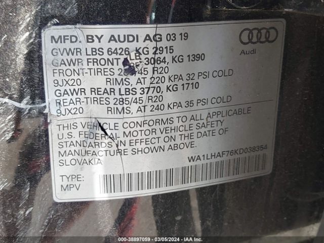 WA1LHAF76KD038354 Audi Q7 45 Premium/45 Se Premium