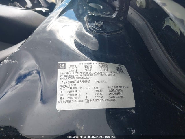 Chevrolet Tahoe Lt 2015 1GNSKBKC3FR209265 Image 9