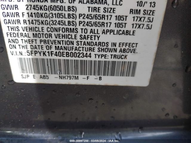 5FPYK1F40EB002344 Honda Ridgeline Rts