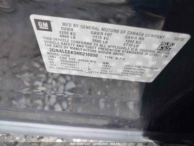 Chevrolet EQUINOX LT 2017 2GNALCEK3H6216930 Image 9