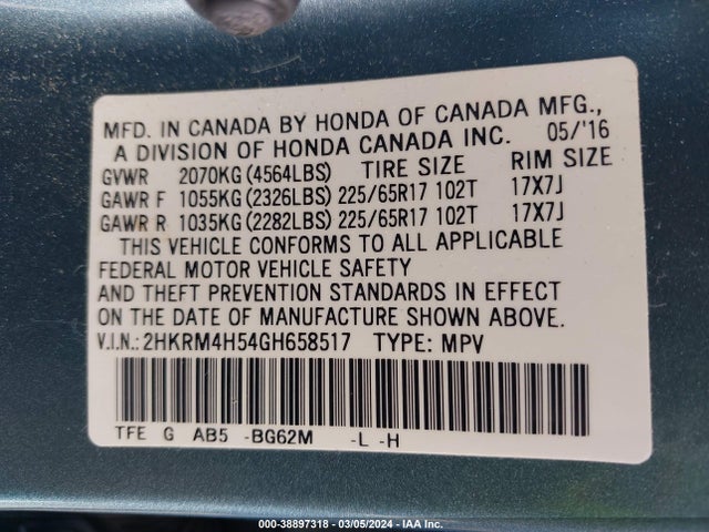 Honda CR-V EX 2016 2HKRM4H54GH658517 Image 9