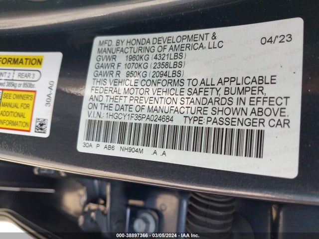 Honda ACCORD EX 2023 1HGCY1F35PA024684 Image 9