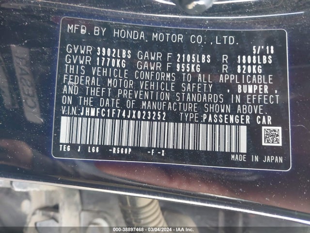 Honda Civic Ex-l 2018 JHMFC1F74JX023252 Image 9