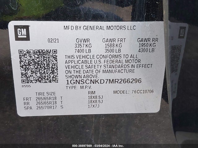 Chevrolet Tahoe 2wd Lt 2021 1GNSCNKD7MR266296 Image 9