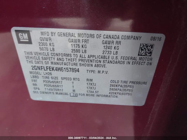 Chevrolet EQUINOX LT 2017 2GNFLFEK4H6157894 Image 9