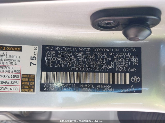 2007 TOYOTA PRIUS VIN: JTDKB20U777557717