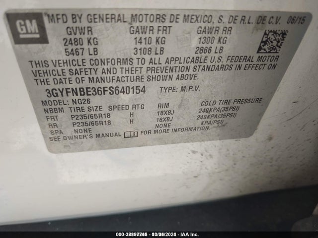 3GYFNBE36FS640154 Cadillac Srx Luxury Collection