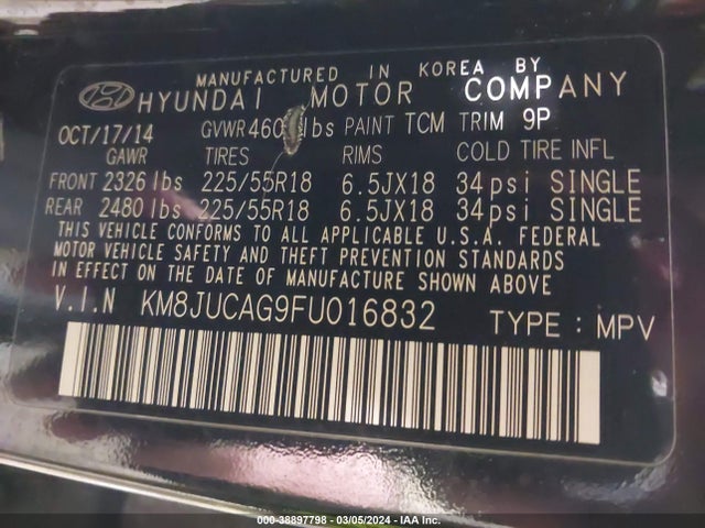 Hyundai Tucson Limited 2015 KM8JUCAG9FU016832 Image 9