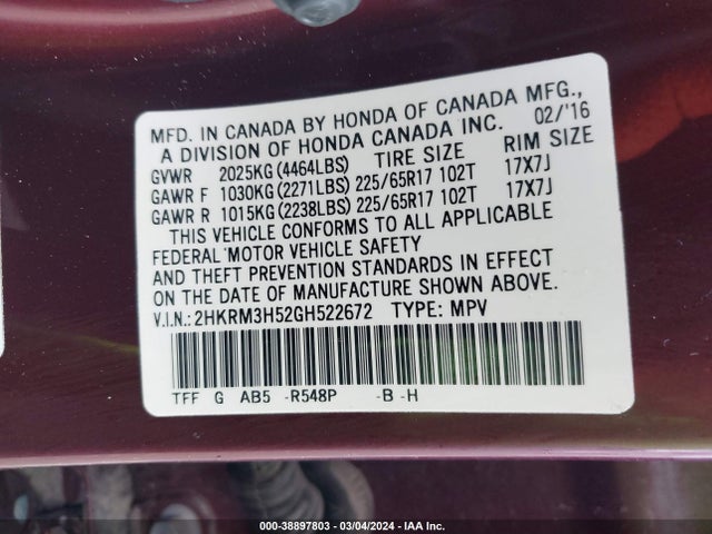 Honda CR-V EX 2016 2HKRM3H52GH522672 Image 9