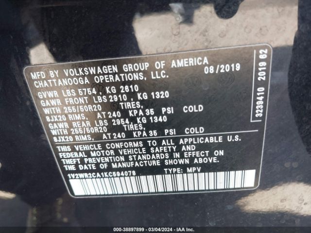 1V2WR2CA1KC594078 Volkswagen Atlas 3.6l V6 Se W/technology