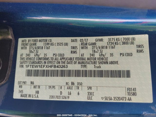 1FTEW1EFXHFB43263 Ford F-150 Lariat
