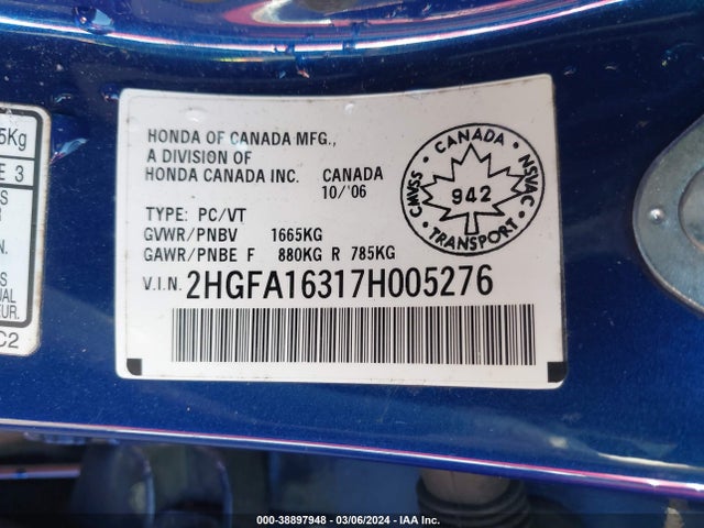 2007 HONDA CIVIC SDN 2HGFA16317H005276 Photo 8