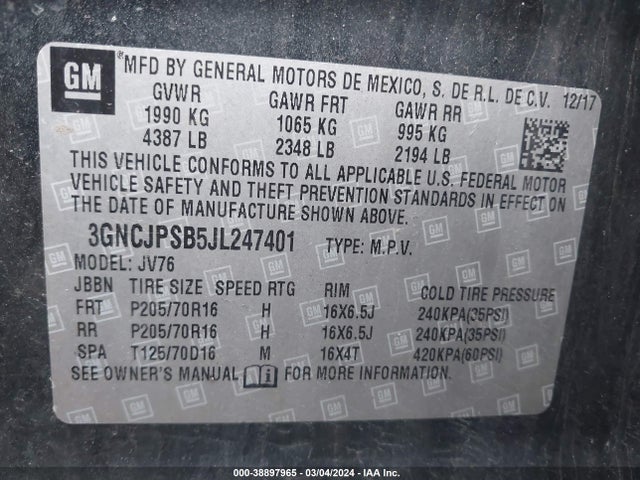 Chevrolet Trax Lt 2018 3GNCJPSB5JL247401 Image 9