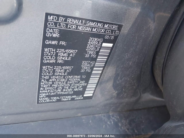 Nissan ROGUE SV 2015 KNMAT2MT7FP545723 Image 9
