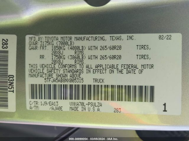 5TFJA5AB8NX005315 Toyota Tundra Limited