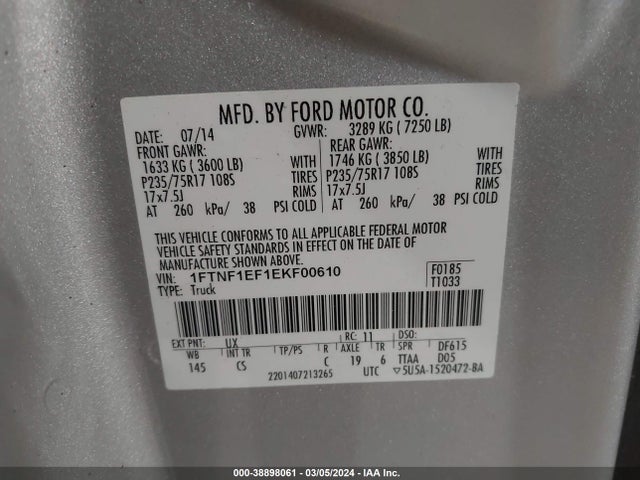 2014 FORD F-150 XL VIN: 1FTNF1EF1EKF00610