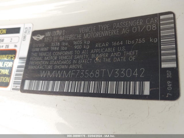 2008 MINI COOPER S WMWMF73568TV33042 Photo 8