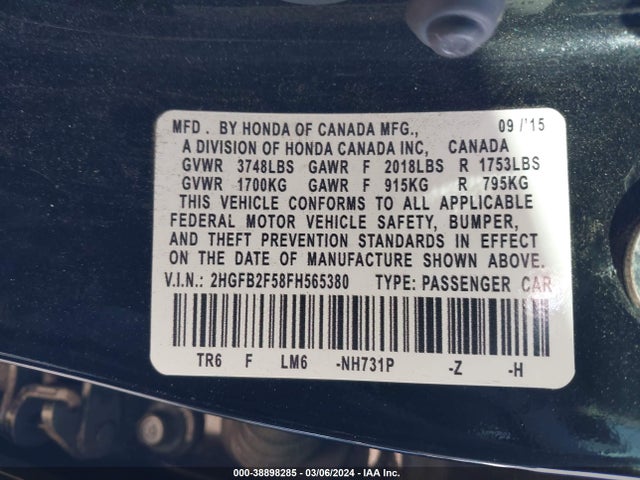 Honda Civic Lx 2015 2HGFB2F58FH565380 Image 9