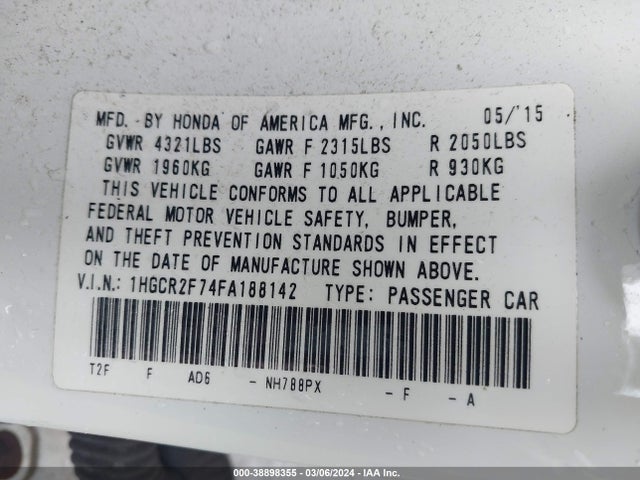 Honda ACCORD EX 2015 1HGCR2F74FA188142 Image 9
