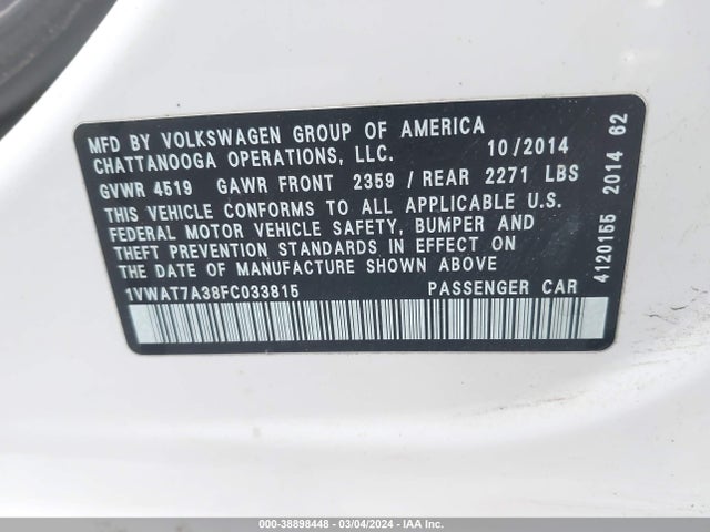 Volkswagen Passat 1.8t Wolfsburg Edition 2015 1VWAT7A38FC033815 Image 9