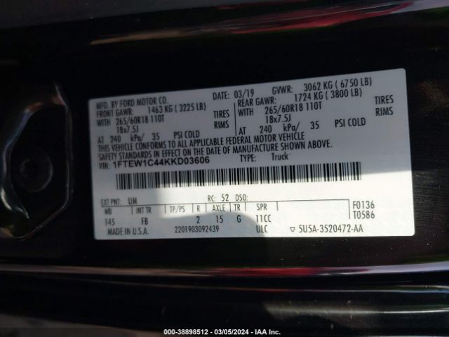 1FTEW1C44KKD03606 Ford F-150 Xlt
