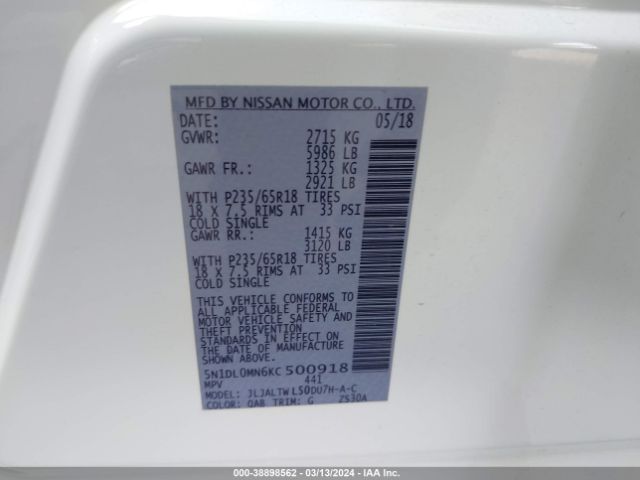 5N1DL0MN6KC500918 Infiniti QX60 LUXE