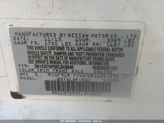 3N1CN7AP5EL843840 Nissan Versa 1.6 S
