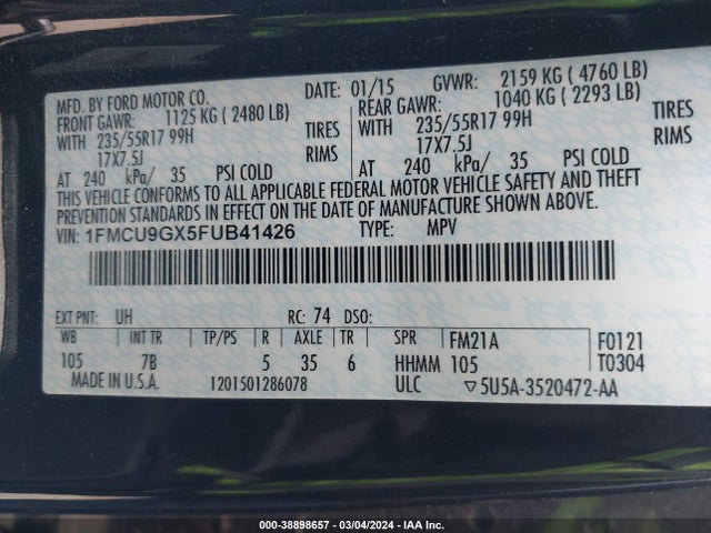 Ford ESCAPE SE 2015 1FMCU9GX5FUB41426 Image 9